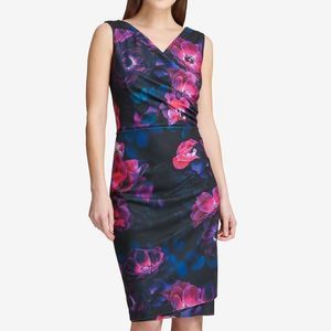 DKNY Multicolor Floral Ruched Sleeveless‎ Scuba Sheath Dress Size 2
